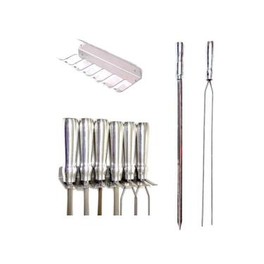 Imagem de Conjunto 5 espetos churrasco e porta espeto parede e rastelo