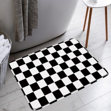 Imagem de Tapete de banheiro preto quadriculado retrô geométrico anos 60 anos 70 vintage estética tapetes de área de banheira decoração de banheiro (45 x 76 cm)