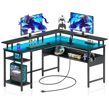 Imagem de Mesa Gamer em Formato de L, 56.7&quot; 144 cm com Ganchos para Fones de Ouvido, Luz LED, Tomadas e Suporte para Monitor, 110V