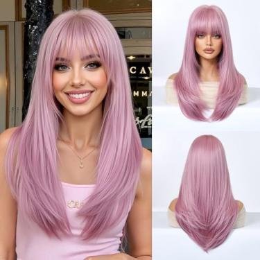 Imagem de Esmee Peruca longa reta rosa feminina peruca de cabelo sintético natural para uso diário e festas