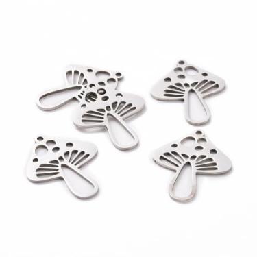 Imagem de 5 pingentes de cogumelo 201 de aço inoxidável corte a laser pingentes de cogumelo pingentes de plantas 25 x 20 x 1 mm com orifício de 1,5 mm cor de aço inoxidável ideal para fazer joias e projetos de
