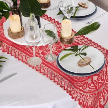 Imagem de 1 peça vintage padrão de flor vermelha caminho de mesa de renda romântico caminho de mesa vermelho toalha de mesa para banquete de aniversário de casamento, Natal, festa de inauguração de casa