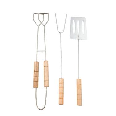 Imagem de Jogo para churrasco 3 peças (espátula, garfo, pegador) em aço inox com cabo em madeira