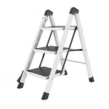 Imagem de Escadas dobráveis escadas de metal escada de 3 degraus com borracha algodão pega única e pedal largo escada portátil multiuso para casa e escritório escada resistente (cor: preto) (branco)