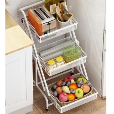 Imagem de Cesta de frutas extensível de cozinha de 3 níveis, suporte grande para pendurar vegetais com rodas bloqueáveis para cebolas, batatas, carrinhos utilitários multifuncionais para escritório, sala de