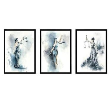 Imagem de Kit 3 Quadros Deusa Da Justiça Aquarela Azul 33X24Cm Branca - Quadros 