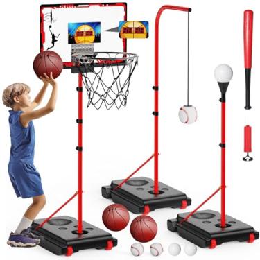 Imagem de Conjunto de cesta de basquete e bola de basquete infantil 4 em 1 para crianças pequenas ajustáveis para pendurar a partir de 3 anos