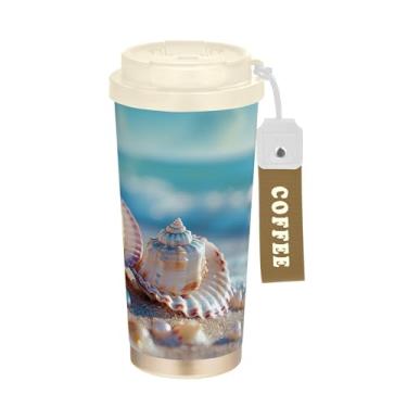 Imagem de SEHANY Caneca de viagem Summer Sea Beach Starfish 482 g Copos de café reutilizáveis revestidos de cerâmica com tampa à prova de vazamento, parede dupla, isolamento a vácuo, copo de café de aço