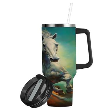 Imagem de ATTX Copo de pintura galopante de cavalo de 850 g com alça, copo de aço inoxidável a vácuo de parede dupla com palha, caneca de café de viagem isolada #672