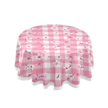 Imagem de SEHANY Toalha de mesa redonda com flores xadrez rosa 152 cm, tecido lavável sem rugas, toalha de mesa redonda com renda decorativa para restaurante, casamento, acampamento, festa Fiesta Cinco de Mayo