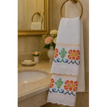 Imagem de Kit 2 Toalhas Bordadas Ponto Cheio para Lavabo, Artesanal, Algodão, Rosto 44x60cm e Mão 33x52cm