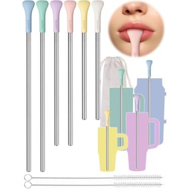 Imagem de NiHome 6 Pçs Canudos Antirrugas com Silicone Largo Ponta Plana Canudo de Metal Beber, Adequado para Stanley Copo 20/30/1,134 g, Canudo Longo de Aço Inoxidável Reutilizável, Sem Rugas, Escovas e Bolsa