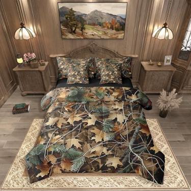 Imagem de Conjunto de cama solteiro de camuflagem de caça, 7 peças, cama de cabana de fazenda, folhas de árvore da floresta, inclui edredom, conjunto de lençol, fronhas e fronhas, decoração de quarto com tema