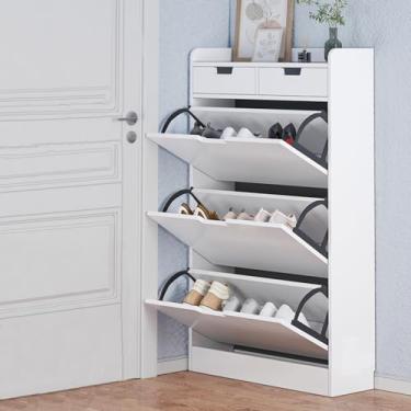 Imagem de Armário de sapatos estreito de madeira com 3 gavetas dobráveis organizador de sapatos independente ocupa 0,15 m² porta pequena para armazenamento, adequado para corredor, sala de estar