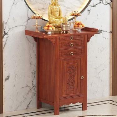 Imagem de Mesa de altar Pooja de bambu com armazenamento, armário de meditação para espaços pequenos, mesa de oferta chinesa, pedestal budista para sala de estar, móveis espirituais decorativos