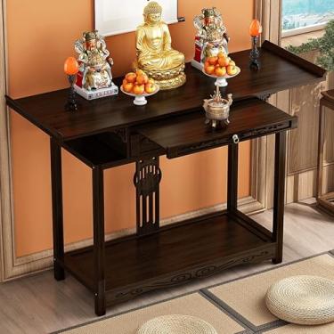Imagem de Mesa de altar de meditação de bambu com armazenamento, armário de oração budista, pedestal de oferta chinesa para relaxamento, orações e adivinhação (L66xW40xH100cm)