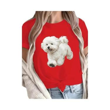 Imagem de Camiseta Gráfica Feminina Branca Bichon Frise, Top Casual De Cor Sólid