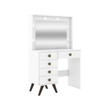 Imagem de Penteadeira Camarim Retrô com 5 Gavetas e Espelho - Branco - Movelbent