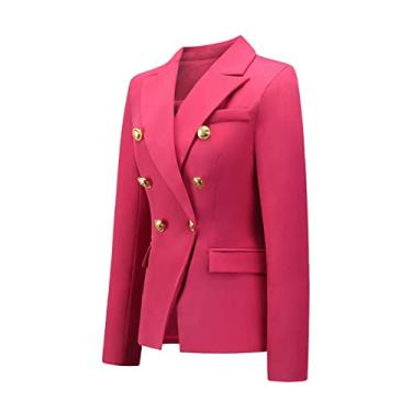 Imagem de Blazer feminino slim fit houndstooth terno curto trespassado manga longa gola virada para baixo conjunto de terno de negócios, rosa, vermelho