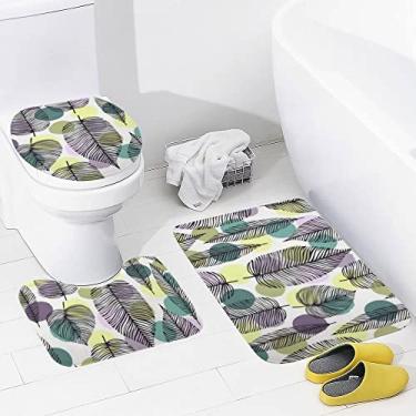 Imagem de Conjunto de tapetes de banheiro 3 peças vintage folhas e pontos geométricos laváveis tapete antiderrapante tapete de contorno e tampa para banheiro