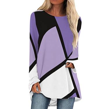 Imagem de Camiseta longa grande para mulheres com estampa colorida em bloco, gola redonda, túnica para usar com leggings Primavera Camiseta Blusa feminina curto Top Patchwork colorido H81-Roxo X-Large