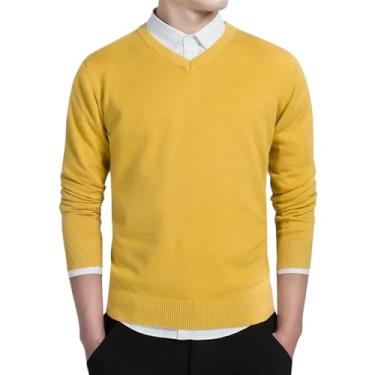Imagem de Suéter de algodão masculino manga longa cardigã masculino gola V suéter solto sólido botão ajuste tricô estilo casual, Amarelo, Small