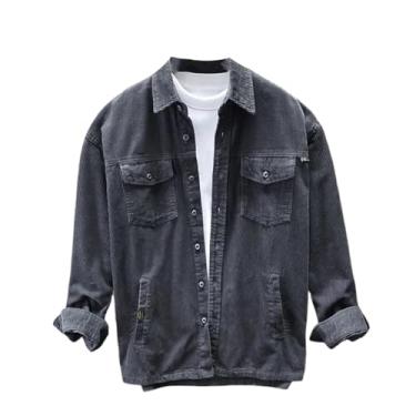 Imagem de Camisas masculinas outono inverno japonês solto casual bolso sólido algodão cinza camisa veludo cotelê roupas vintage, Cinza, G