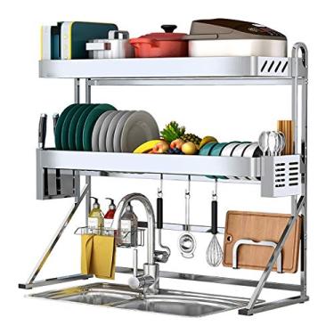 Imagem de Escorredor de pratos de aço inoxidável 304 de 2 níveis sobre pia de cozinha, prateleira de drenagem de pratos e utensílios, organizador de bancada de armazenamento de cozinha, suporte de utensílios,