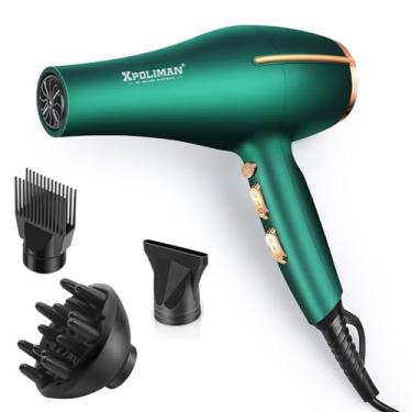 Imagem de Xpoliman Secador de Cabelo Pro Ionic Salon, Secador de Cabelo, Potente 2.000 Watts com Motor Ca, Secadores de Cabelo de Secagem Rápida Difusor Secador Rápido Leve Melhor Corpo de Toque Suave - Verde e Dourado