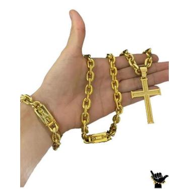 Imagem de Corrente Cadeado 12mm + Pulseira + Pingente - Banhado a Ouro - ToJoia1