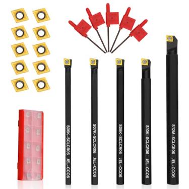 Imagem de S06K/S07K/S08K/S10K/S12M-SCLCR06 Ferramenta de torneamento de torno intercambiável, kit de 15 peças, conjunto de 5 peças de ferramentas de torno de metal, com 10 peças CCM21.51/CCMT060204 Inserções de
