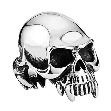 Imagem de SINLEO Novo anel masculino de cabeça de caveira de aço inoxidável punk esqueleto motoqueiro joia preta vintage, Metal, Sem pedras preciosas,