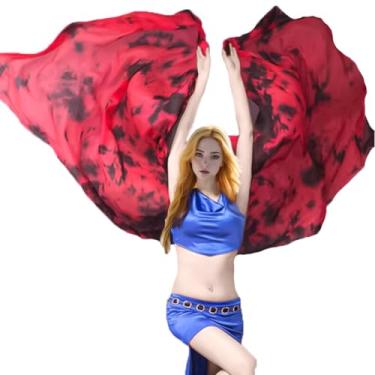 Imagem de TRIMODI 2,5 x 1,14 m/98 "x45" Véus de dança do ventre de seda verdadeira e lenços de mão cores chamas de fogo (gravata vermelha preta tingida)