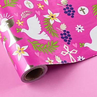 Imagem de LeZakaa Papel de embrulho reversível de Páscoa, pombas brancas, cruzes douradas, cálices e cachos de uva em rosa rosa para embrulho de presente de primavera, artesanato DIY, mini rolo, 43 x 32,8 pés