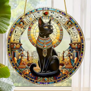 Imagem de Tapeçaria de vitral Buster The Cat com corrente – Ornamento de gato preto acrílico para jardim, pátio e decoração interna, presente de inauguração de casa para mãe, avó e amor animal