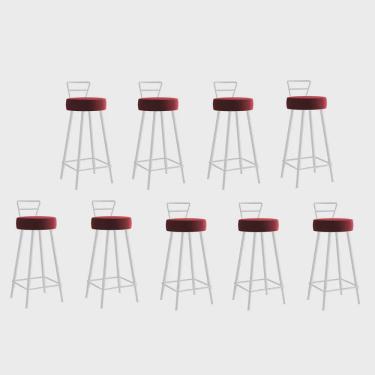 Imagem de Kit 09 Banqueta Alta Com Encosto Tina Eiffel Cozinha Bar Bistrô Ferro Branco Corino Vermelho - Ahz Móveis