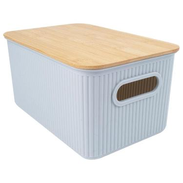 Imagem de Cesta Retangular L'Hermitage com Tampa em Bambu e Alça 23 x 29 x 38 cm - Cinza