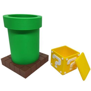 Imagem de Kit Cano E Cubo Porta Objetos Caneta 3d Mario Gamer Mesa Escritório Geek