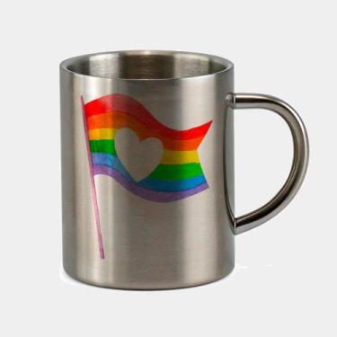 Imagem de Caneca de Inox Premium Prateada 400ml Bandeira Mastro Arco Iris LGBT L