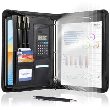Imagem de Leathario Fichário portfólio de 3 anéis, inclui 5 protetores de folhas e uma caneta, organizador de tablets de 33 cm, pasta A4 de couro vegano, bloco de notas com vários bolsos, agenda de negócios e