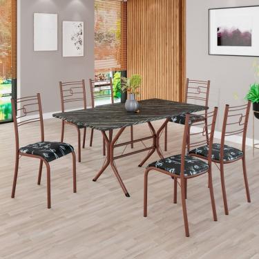 Imagem de Conjunto Sala De Jantar Mesa Retangular 140x75cm Tampo Pedra Ardósia Indiana 6 Cadeiras Paraty Preto Floral - Marrom
