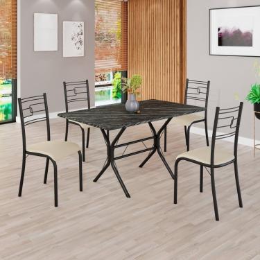 Imagem de Conjunto Sala De Jantar Mesa Retangular 120x75cm Tampo Pedra Ardósia Indiana 4 Cadeiras Paraty Creme - Preto Fosco