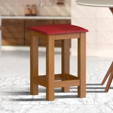 Imagem de Banquinho De Madeira Maciça Baixo Mel Assento Estofado Material Sintético Vermelho Nemargi
