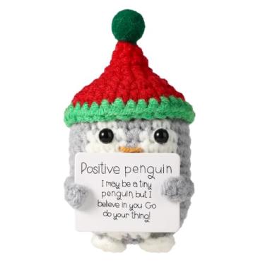 Imagem de TOYMIS Pinguim positivo com gorro natalício, crochê Natal pinguim croché boneco mensagem presente apoio emocional para decoração de festa de Natal presente de ânimo (vermelho)