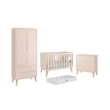 Imagem de Dormitório Theo 2 Portas Rosa Com Pés Madeira Natural E Colchão D18 Branco - Reller Móv...