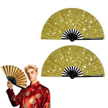 Imagem de YTJ 2 pacotes de leques de mão dobráveis grandes com glitter, ventiladores de palmas para dança de linha, ventilador portátil para EDM Music Disco Rave Festival, suprimentos de festa (ouro brilhante