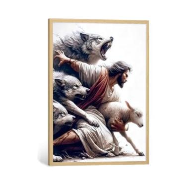 Imagem de Arte de parede em tela emoldurada Jesus e cordeiro Jesus arte de parede religiosa decoração de parede pôsteres cristãos para quarto sala de estar imagens religiosas para parede 30 x 40 cm