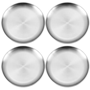 Imagem de WISKEMA Conjunto de 4 pratos de aço inoxidável, pratos de sobremesa inquebráveis de 19 cm, pratos redondos de metal para salada de sobremesa, não tóxicos, podem ser lavados na lava-louças