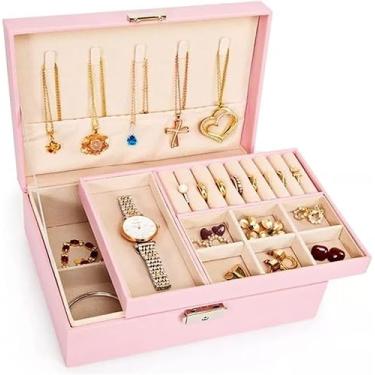 Imagem de Maleta Porta Joia com Tranca. Dupla Camada para Joias, Brincos, Anéis, Bijuterias. Porta Jóias para Viagem. Cor: rosa