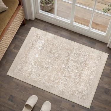 Imagem de PureCozy Tapete de área de 5 x 7 cm, lavável, tapete vintage, antiderrapante, pequeno, baixo, bege, para cozinha, banheiro, retro, destaque, entrada, quarto, escritório, sala de estar